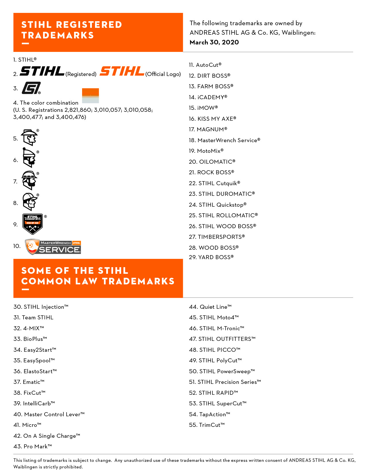 Image of the STIHL Registered Trademark and Common Law List