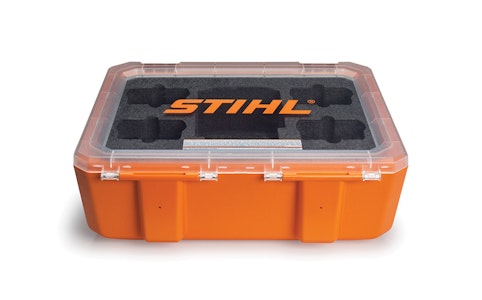 STIHL's Battery Charger Case with orange bottom, clear top with logo, and grey inside with slots for both batteries and chargers
