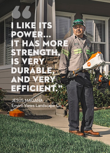 Landscaper in front of house with trimmer in hand with quote.