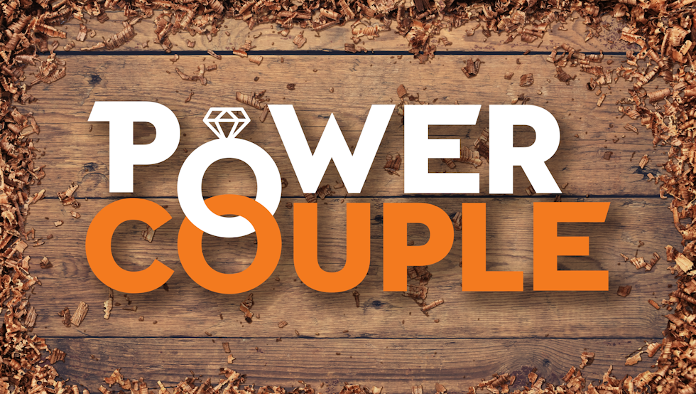 Power Couple logo over wooden background with wood shavings