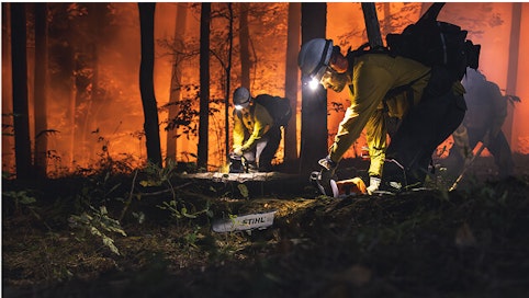 Wildland firefighters use STIHL chainsaw on fallen tree