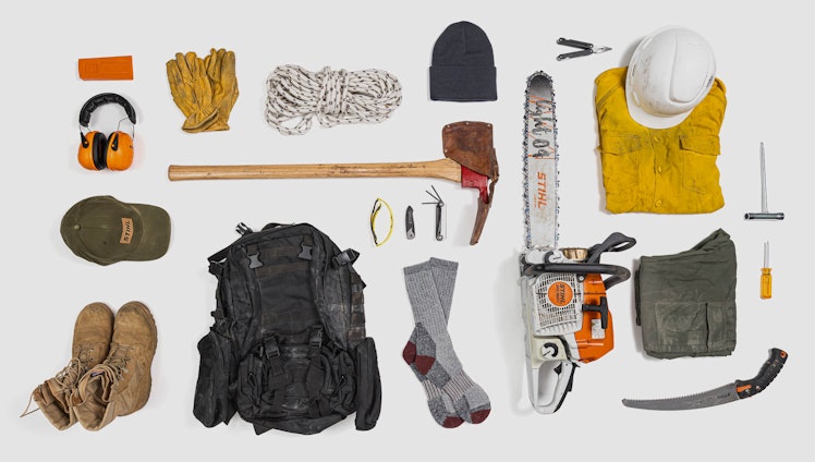 Knolling image of wildland firefighter gear and STIHL tools
