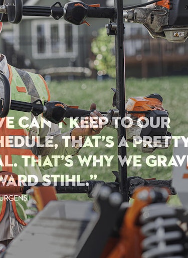 Professional landscaper with quote about STIHL products Professional landscaper Cody Jurgens with trailer of STIHL products. Quote: If we can't keep to our schedule, that's a pretty big deal. That's why we gravitate towards STIHL.