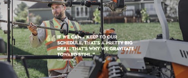 Professional landscaper Cody Jurgens with trailer of STIHL products. Quote: If we can't keep to our schedule, that's a pretty big deal. That's why we gravitate towards STIHL.