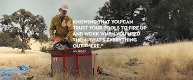 Smokejumper Sky Reeves lifts STIHL MS 362 chainsaw out of box. Quote: Knowing that you can trust your tools to fire up and work when you need them—that's everything out there.