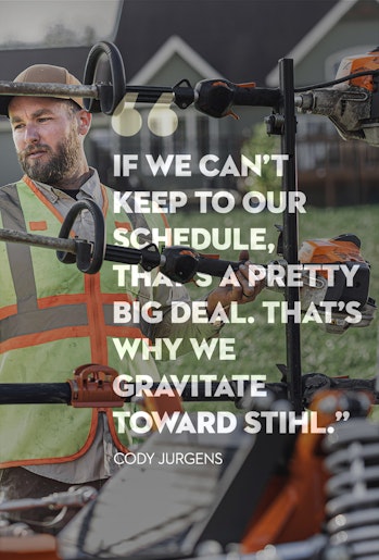 Professional landscaper Cody Jurgens with trailer of STIHL products. Quote: If we can't keep to our schedule, that's a pretty big deal. That's why we gravitate towards STIHL.