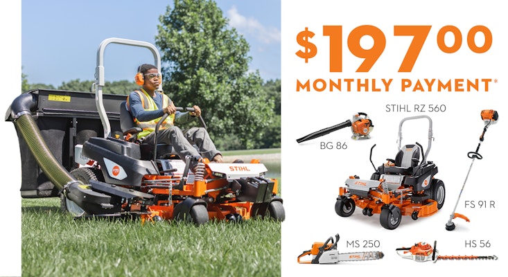 Example financing product bundle: $197 Monthly Payment When You Bundle With STIHL Zero-Turn Mower with professional using STIHL zero turn mower
