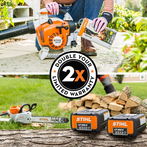 Motomix with gas product and two batteries with chainsaw. Double Your Limited Warranty logo in center